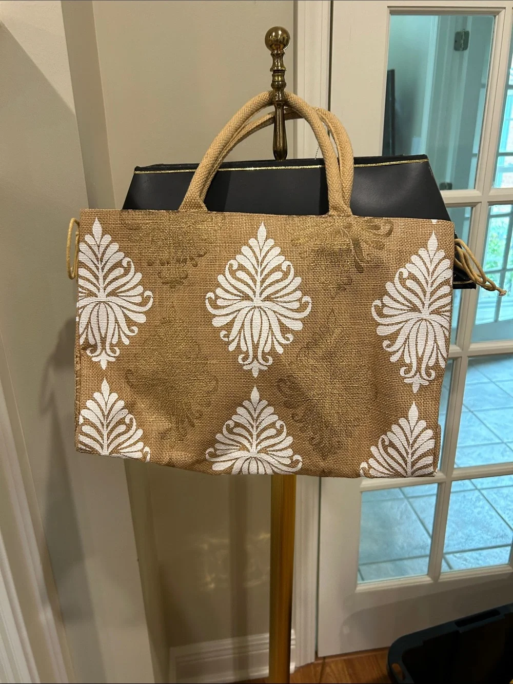Beach Tote - Canvas Tote Bag with White Damask Print - Tan NWOT